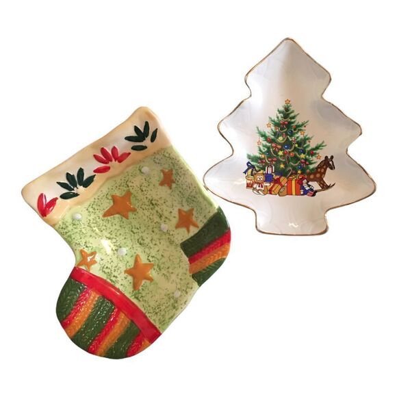 Vintage Nut/Candy/Trinket Dishes Christmas Tree & Stocking - Picture 1 of 9